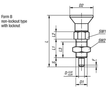 Positioneringsbolt Størrelse: 2 - D1: M12x1,5, D: 6, Model: B med låsemøtrik, hærdet stål, Materiale: TermoPlast, K0630.22206
