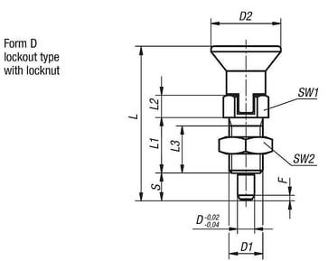 Positioneringsbolt Størrelse: 1 - D1: M10x1, D: 5, Model: D med låsemøtrik, hærdet stål, Materiale: TermoPlast, K0630.24105