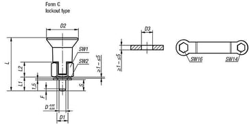 Positioneringsbolt, Størrelse: 1, D1: M10x1, D: 5, Model: C uden låsemøtrik, Til tyndvæggede emner, stål K0735.33105