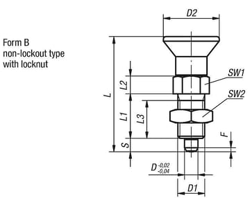 Positioneringsbolt Størrelse: 4 - D1: M20x1,5, D: 10, Model: B med låsemøtrik, hærdet stål, Materiale: TermoPlast, K0338.241084