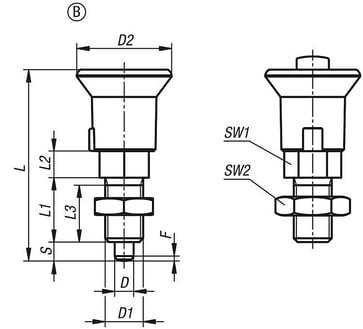 Positioneringsbolt Størrelse: 1 - D1: M10x1, D: 5, Model: B med låsemøtrik, Stålhærdet, Materiale: TermoPlast, Materiale: Sort/Grå K1213.21051