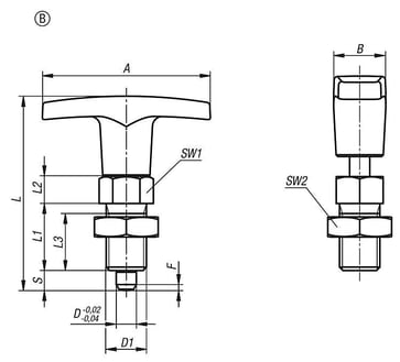 Positioneringsbolt Størrelse: 3 - D1: M16x1,5, D: 8, Model: B med låsemøtrik, Stålhærdet, Materiale: Polyamid Materiale: Sort K1124.6308