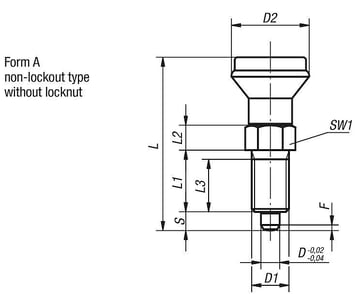 Positioneringsbolt Størrelse: 3 - D1: M16x1,5, D: 8, Model: A uden låsemøtrik, hærdet stål, Materiale: TermoPlast, K0339.1308