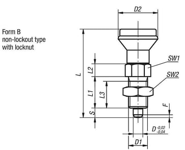 Positioneringsbolt Størrelse: 4 - D1: M20x1,5, D: 10, Model: B med låsemøtrik, hærdet stål, Materiale: TermoPlast, K0339.2410