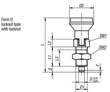 Positioneringsbolt Størrelse: 2 - D1: M12x1,5, D: 6, Model: D med låsemøtrik, hærdet stål, K0339.4206