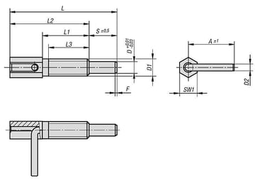Positioneringsbolt med lås Størrelse: 2 - D1: M10 stål el-galvaniseret K0340.1206