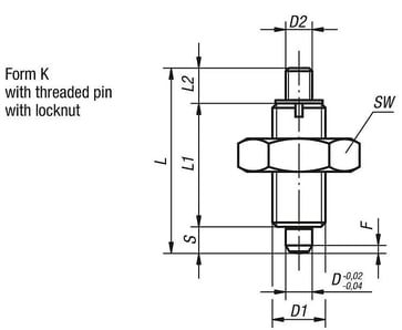 [4059245016303] INDEXING PLUNGER WITHOUT COLLAR SIZE: 5 D1: M24X2, D: 16, Model: K, WITH THREADED PIN WITH LOCKNUT, SS STEEL K0345.02516