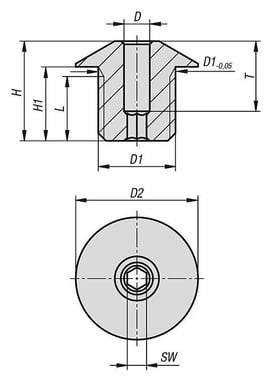 Bøsning for positioneringsbolt, D: 5 m12x1,5x10, d2: 19, sw: 4, hærdet stål K1290.05