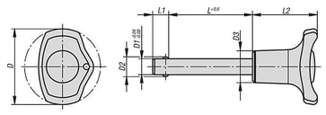 Låsepin med kugle og Paddehatte greb, Model: A metalkrave, D1: 8, L: 50, L1: 8, L5: 58, rustfrit stål, K0363.3808050