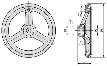 Håndhjul DIN950 D1: 160 bøsningshul med slids D2: 16H7, B3: 5, t: 18, 3, D7: M10, rustfrit stål 1.4401 K1208.1160X16