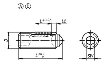 Kugletrykskrue uden hoved, med lås, Model: A,M8, L: 21, 2, Kulstofstål, Materiale: kuglelejestål K0666.10820