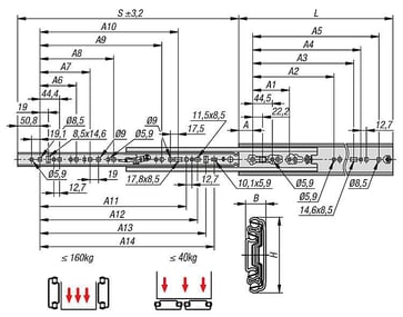 [4059245585809] TELESCOPIC RAIL L: 457, 2 19, 1X70, 8, FULL EXTENSION S: 457, 2, Fp: 150, STEEL PASSIVATED, SIDE MOUNTING, 1 PIECE: 1 K1717.0457