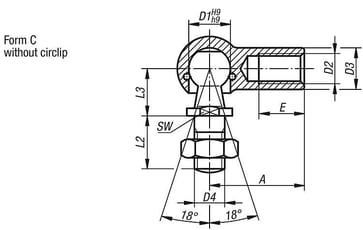 ANGLE JOINT DIN71802 LEFT-HAND THREAD, Model: C WITHOUT RETAINING CLIP, D1: 16, AND EXTERNAL THREAD M10, STEEL K0734.161001