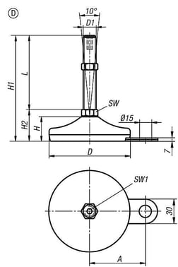 Nivellering fod for unbracoskrue, Model: D M12x50, D: 60, Rustfrit stål, Materiale: Gummi K0739.4206012X50