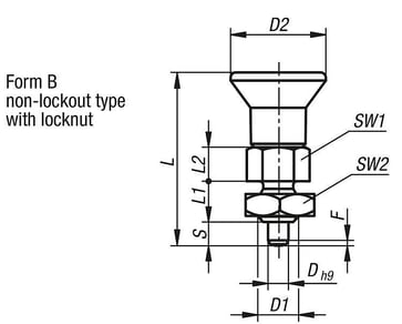 Positioneringsbolt ECO kort model Størrelse: 3 - D1: M16, D: 8, Model: B, Rustfrit stål uhærdet, Materiale: TermoPlast, K0748.12308160