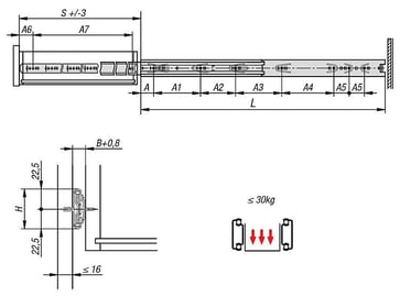 TELESCOPIC RAIL L: 550 12, 7X45, FULL EXTENSION S: 550, Fp: 30, STEEL GALVANISED AND PASSIVATED, sidemontering K1569.0550