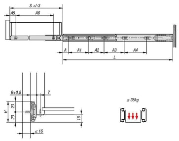 TELESCOPIC RAIL L: 350 12, 7X46, FULL EXTENSION S: 350, Fp: 35, STEEL BLUE ELECTRO ZINC-PLATED, SURFACE MOUNTING, K1573.0350
