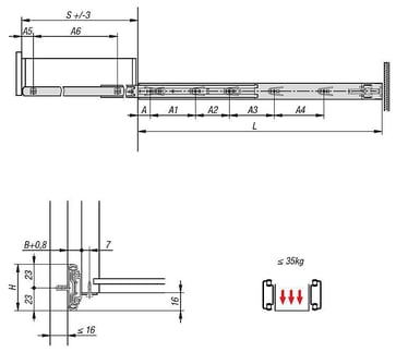 TELESCOPIC RAIL L: 600 12, 7X46, FULL EXTENSION S: 600, Fp: 35, STEEL BLUE ELECTRO ZINC-PLATED, SURFACE MOUNTING, K1574.0600