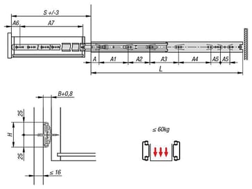TELESCOPIC RAIL L: 450 12, 7X50, OVER EXTENSION S: 488, Fp: 60, STEEL GALVANISED AND PASSIVATED, SIDE K1578.0450