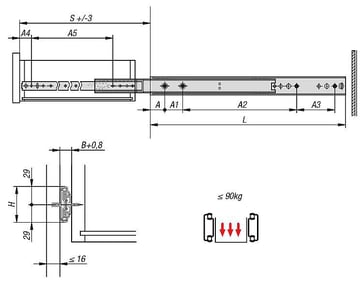 TELESCOPIC RAIL L: 450 19X58, OVER EXTENSION S: 488, Fp: 90, STEEL GALVANISED AND PASSIVATED, SIDE K1580.0450