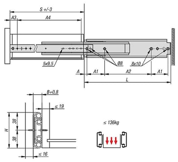 TELESCOPIC RAIL L: 810 19X76, FULL EXTENSION S: 810, Fp: 136, STEEL PASSIVATED, SIDE MOUNTING, 1 PIECE: 1 K1581.0810