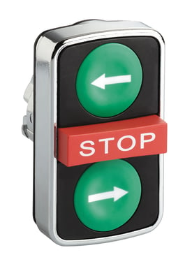 Harmony trippel trykknaphoved i metal med en hvid pil på grøn flade (venstre) + STOP i rød + en hvid pil på grøn flade (højre) ZB4BA73133