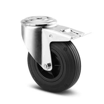 Tente Drejeligt hjul m/ bremse, sort massiv gummi, Ø100 mm, 75 kg, rulleleje, med bolthul Byggehøjde: 128 mm. Driftstemperatur:  -20°/+60° 00303645