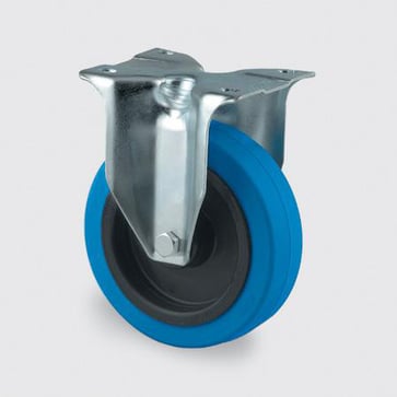 Fast hjul, blå elastisk gummi, Ø100 mm, 160 kg, rulleleje, med plade Byggehøjde: 128 mm. Driftstemperatur:  -20°/+80° 00004019