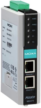 MOXA MGATE MB3270I-T, Modbus Gateway for TCP and RTU/ASCII, 2x LAN RJ45 + 2x Serial RS-232/422/485 DB9, DIN rail, Isolated, Extended temp, -40 to +75°C, CE, FCC, UL, IECEx, ATEX Class 1 Devision 2, DNV 43164
