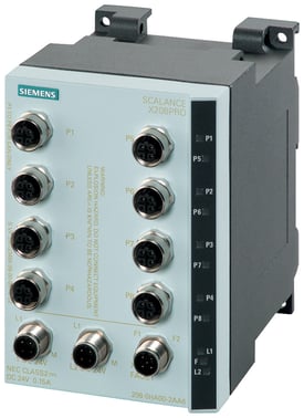 SCALANCE X208PRO, managed IE switch, 8 X 10/100mbit/s M12-porte, IP65/67, LED-diagnostikker, fejlsignal kontakt 6GK5208-0HA10-2AA6