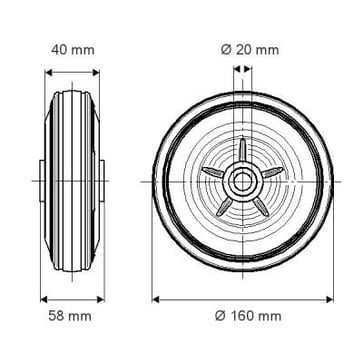 Tente Løs hjul, sort massiv gummi, Ø160x40 mm, Ø20xNL58, rulleleje recycled Byggehøjde: 160 mm. Driftstemperatur:  -20°/+60° 00023492
