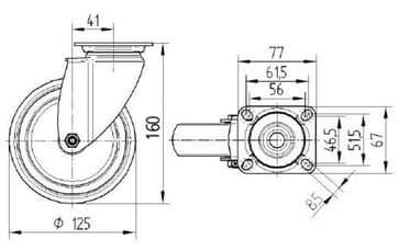 Tente Drejeligt hjul, gummi, 125 mm, 100 kg, konuskugleleje, med plade Byggehøjde: 160 mm. Driftstemperatur:  -20°/+85° 00006092