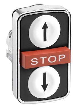 Harmony triple push button head in metal with a black arrow on white surface (down) + STOP in red + a black arrow on white surface (up), ZB4BA71114 ZB4BA71114