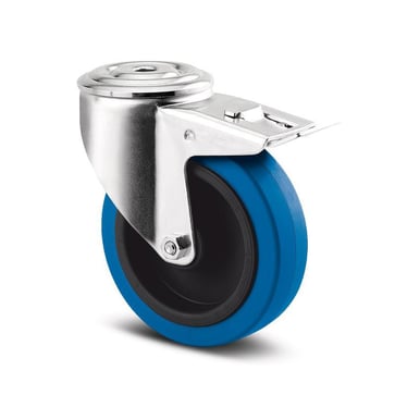Tente Drejeligt hjul m/ bremse, blå elastisk gummi, Ø100 mm, 160 kg, rulleleje, med bolthul Byggehøjde: 128 mm. Driftstemperatur:  -20°/+80° 113477267
