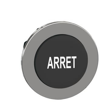 Harmony flush trykknaphoved i metal med fjeder-retur og ophøjet trykflade i sort farve med hvidt "ARRET" ZB4FL233