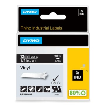 Dymo Rhino industri vinyl tape 12mmx5,5m rulle hvid på sort selvklæbende 1805435