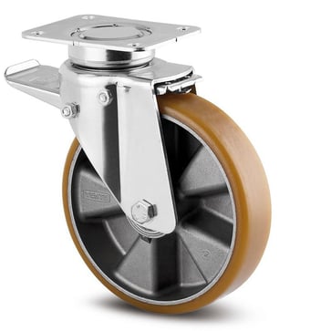 Swivel wheel w/ brake, polyurethane, round bane, Ø200 mm, 600 kg, precision ball bearing, with plate 113642015