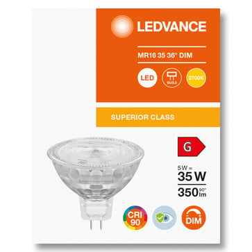 LEDVANCE LED Comfort MR16 36° 350lm 5W/927 (35W) GU5,3 dæmpbar  4058075757684