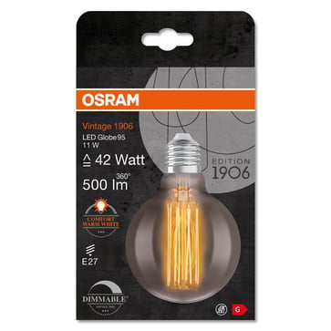 OSRAM Vintage 1906 LED globe95 smoke straight filament ultra thin 500lm 11W/818 (42W) E27 dimmable 4058075761353