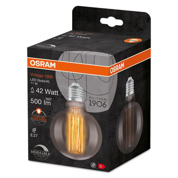 OSRAM Vintage 1906 LED globe95 smoke straight filament ultra thin 500lm 11W/818 (42W) E27 dimmable 4058075761353