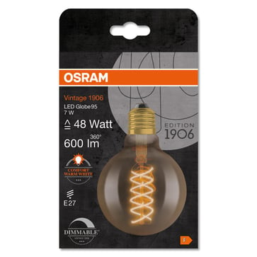 OSRAM Vintage 1906 LED globe95 gold spiral filament ultra thin 600lm 7W/822 (48W) E27 dimmable 4058075761636