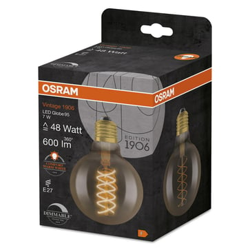 OSRAM Vintage 1906 LED globe95 gold spiral filament ultra thin 600lm 7W/822 (48W) E27 dimmable 4058075761636