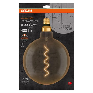 OSRAM Vintage 1906 LED globe200 gold spiral filament ultra thin 400lm 4,8W/822 (33W) E27 dimmable 4058075761698
