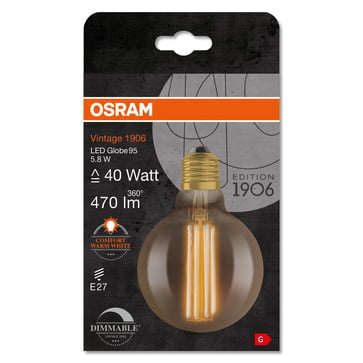 OSRAM Vintage 1906 LED globe95 gold straight filament ultra thin 470lm 5,8W/822 (40W) E27 dimmable 4058075761759