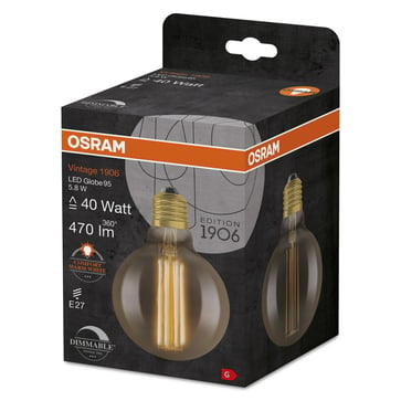 OSRAM Vintage 1906 LED globe95 gold straight filament ultra thin 470lm 5,8W/822 (40W) E27 dimmable 4058075761759