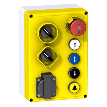 Trykknapkasse komplet i lysegrå med gult låg der indeholder nødstop, 4 x trykknapper med mærkning og 2 x drejeomskiftere XALFP7005E