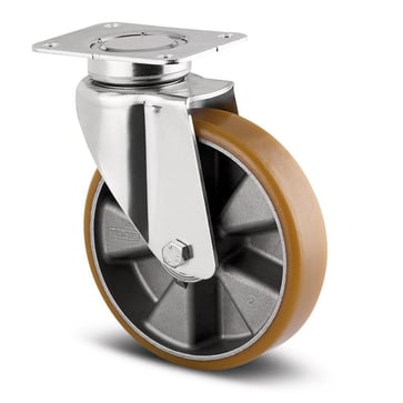 Swivel wheel, polyurethane, Ø125 mm, 500 kg, precision ball bearing, with plate 113640013