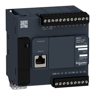 TM221 PLC Kommunikation Modbus, Indgange 9, Analogindgange 2 (0-10V), Udgange 7 relæ, forsyning 110-230 V AC TM221C16R