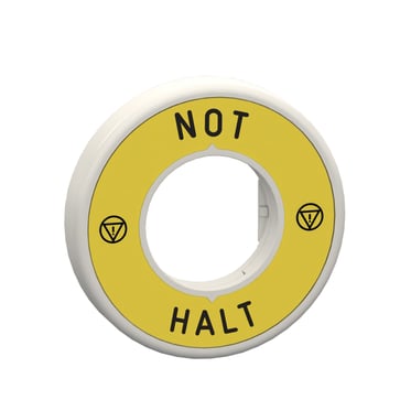 Skilt gul med tysk tekst "NOT-HALT" med indbygget LED med 2 farver (rød/hvid) for Ø22 mm nødstophoveder 24V ZBY9W3B230
