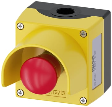 Nødstopkasse, 22 mm, rund, kapsling i metal, gul top, med beskyttelseskrave, nødstop med paddehattetrykknap i rød, 40 mm, skrue 3SU1851-0NB00-2AC2